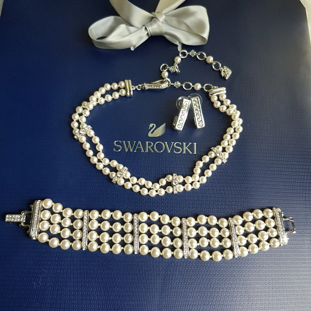 AUTHENTIC Swarovski Crystal Pearl Choker Necklace Tennis Bracelet Earrings SET - Picture 4 of 16
